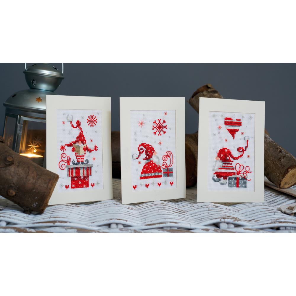 Christmas Gnomes Greeting  Cards Cross Stitch Kit by Vervaco VO165989